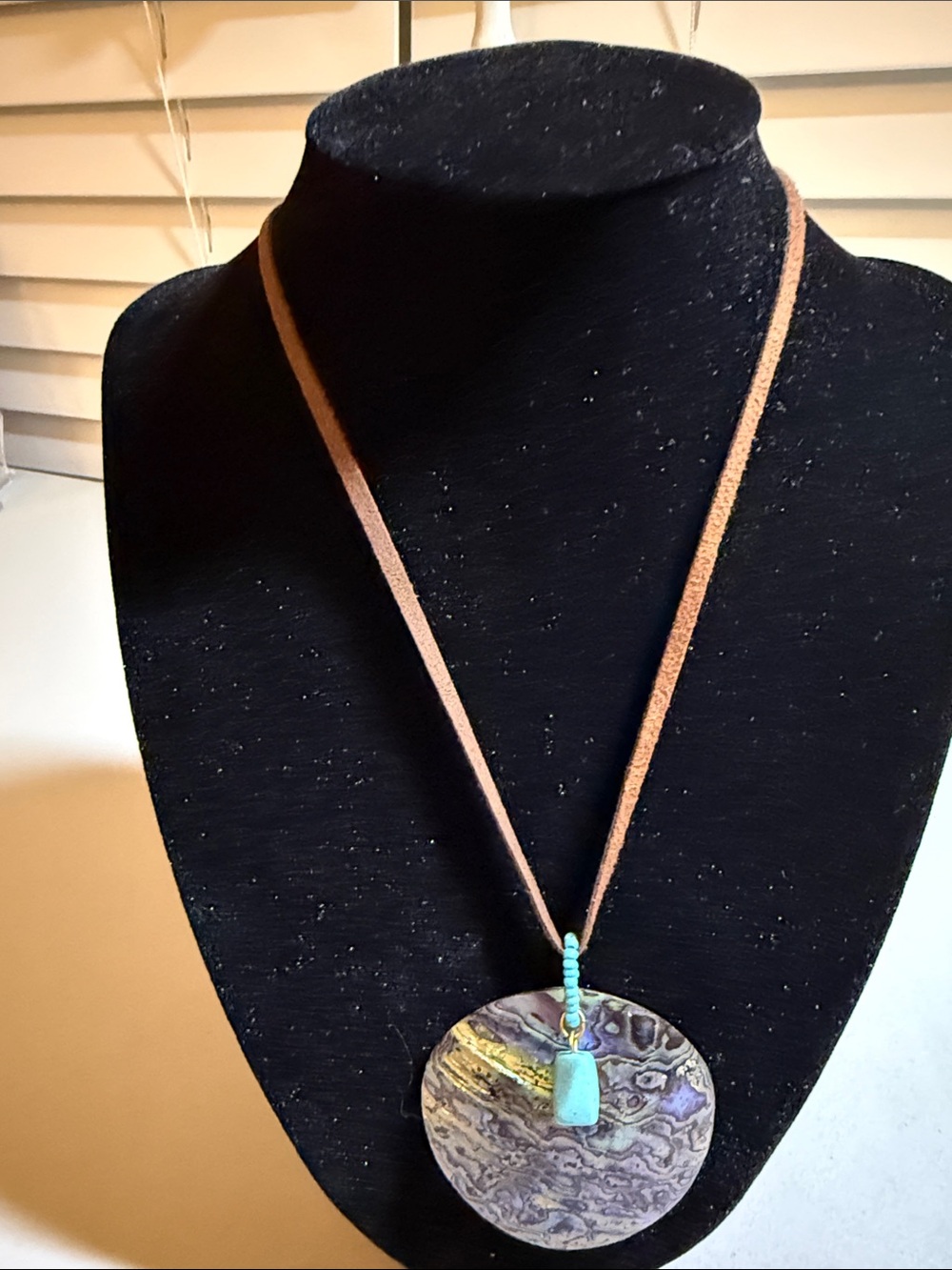 Boho Round Abalone Pendant Necklace with Turquoise Bead on Brown Suede Cord